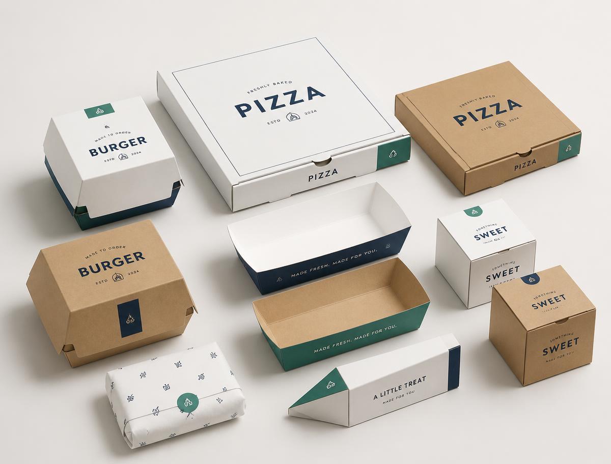 Embalagens personalizadas para delivery: caixas de hambúrguer, pizza e doces