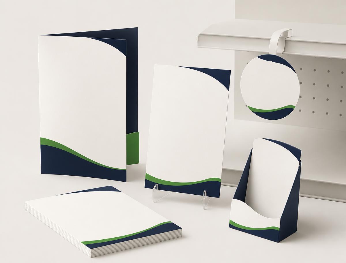 Materiais promocionais impressos: folders, flyers, wobbler e display de balcão